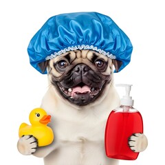 Pug dog wearing blue shower cap holding rubber duck and soap