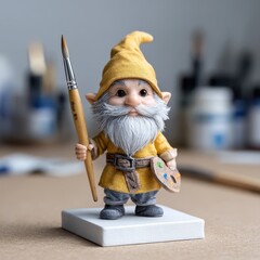 Artistic gnome painting studio figurine creative space close-up fantasy concept