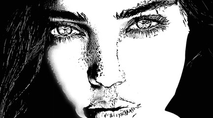 High-contrast black and white portrait of a woman with an intense gaze.