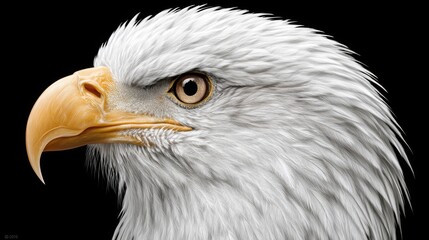 Fototapeta premium Majestic bald eagle head in a watchful pose representing strength against a solid black background
