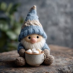 Cozy gnome enjoying hot chocolate rustic kitchen still life warm atmosphere close-up whimsy