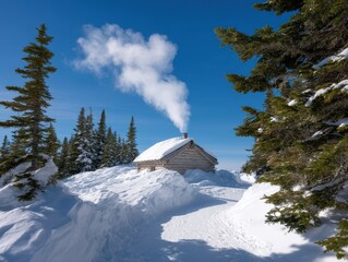 Cozy cabin in winter wonderland mountain landscape photograph snowy environment scenic view tranquil escape