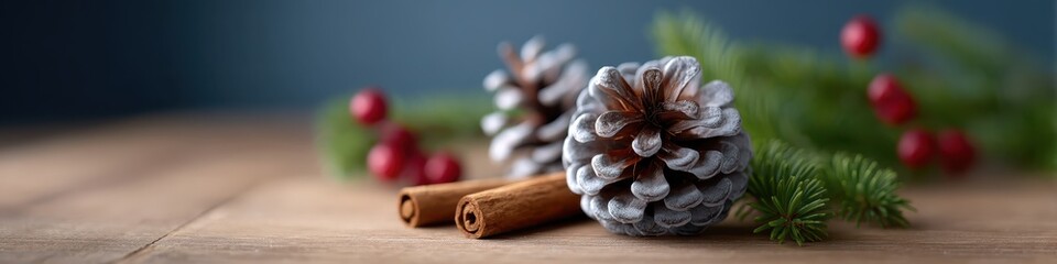 Festive decoration with pine cones and cinnamon sticks cozy home setting still life photography seasonal atmosphere