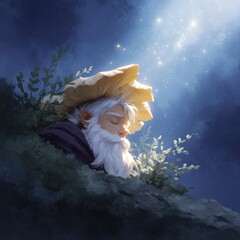 Elderly sage contemplating life enchanted forest digital art mystical atmosphere close-up wisdom and serenity