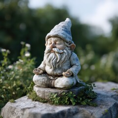 Meditative garden gnome sculpture serene outdoor setting 3d rendered image nature vibes close-up view whimsical concept