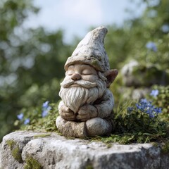 Whimsical garden gnome sculpture enchanted forest fantasy art natural setting close-up serenity