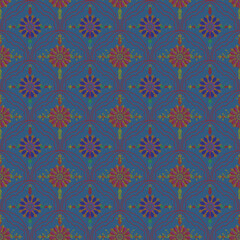 Elegant blue floral fan pattern with red, gold, and green accents. A seamless ornamental design inspired by traditional Asian art, perfect for fabrics, wallpapers, and home decor.