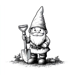 Gnome gardening with shovel enchanted forest illustration whimsical front view fantasy concept