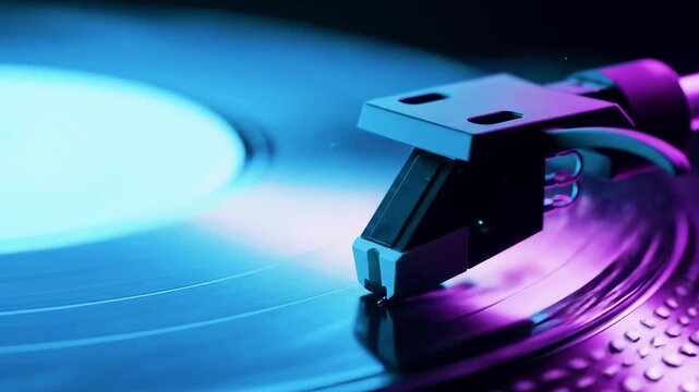 A vinyl record spins under a neon-lit turntable needle. Close-up view with shades of blue and purple