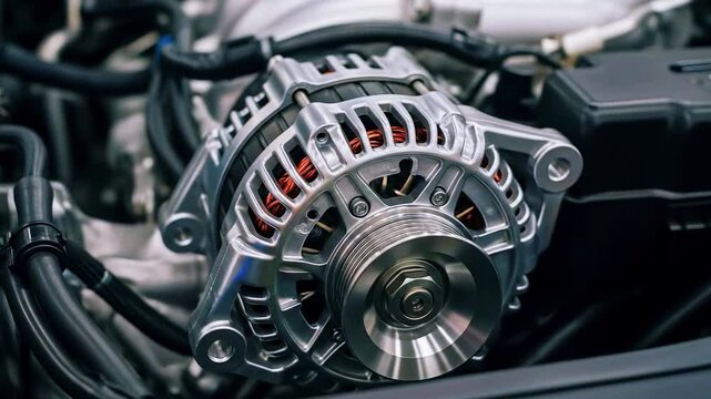 A detailed close-up showcases a car's alternator, with shiny metal, copper wiring, and complex design