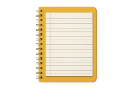 Yellow spiral lined notebook with blank paper, opening space for writing, memory, and ideas on transparent background
