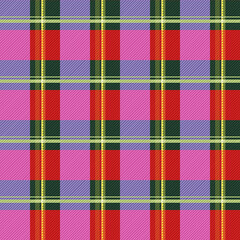 Colorful plaid fabric pattern in red, pink, purple, and green tones with yellow accents. A traditional checkered design perfect for fashion, textiles, and home decor.