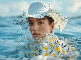 Model partially submerged in ocean water wearing a printed outfit and white sunhat. High fashion meets natural environment in a fresh aquatic editorial.