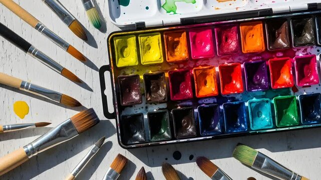 Colorful watercolor paints and brushes.