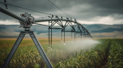 Medium shot capturing a fullcoverage irrigation setup distributing water evenly across a field sharp focus on the pivot arm with the landscape fading gently into the background.