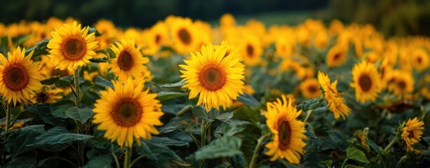 Obraz premium The Sunflower Field Glowing in Golden Summer Light with Rows of Bright Blooms