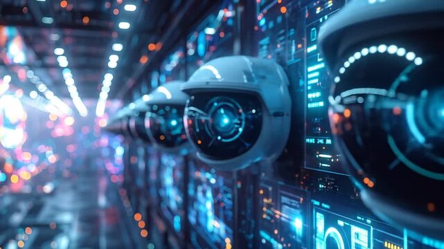 Row of advanced security cameras in a futuristic digital environment, symbolizing vigilant surveillance, data protection, and modern technological infrastructure
