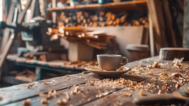 Steaming coffee cup rests on a rustic workbench amidst wood shavings, evoking a craftsman's peaceful break in a busy workshop setting.
