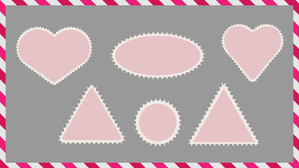 Post stamp heart frame. Postcard border template for vintage envelope paper design. Perforated retro boarder mockup with jagged edge realistic business illustration. Travel album label isolated set.