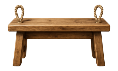 A rustic wooden bench with rope handles, perfect for a countryside cottage.