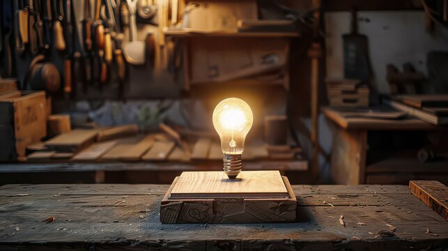 Illuminated lightbulb glowing brightly on a wooden workbench amidst a craftsman's workshop, symbolizing inspiration and new ideas.
