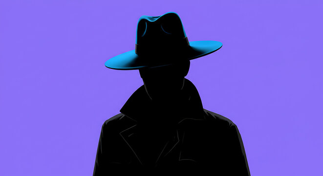 mysterious silhouette of person in trench coat and fedora hat against dark background