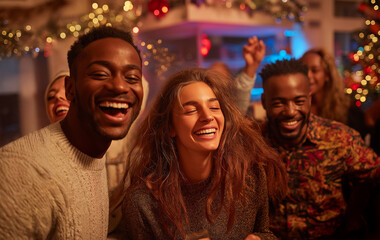A lively group of friends enjoying a Christmas party, laughing and dancing together. The room is filled with festive decorations, and a Christmas tree sparkles in the background, creating a joyful at