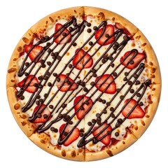 Sliced dessert pizza with strawberries chocolate chips and chocolate drizzle