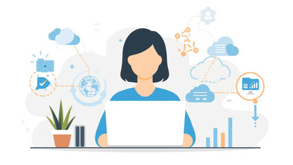 Woman working on laptop with cloud computing icons