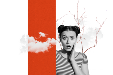 Creative photo collage young frightened girl nervous system tree branches clouds sky environment emotional reaction anxiety