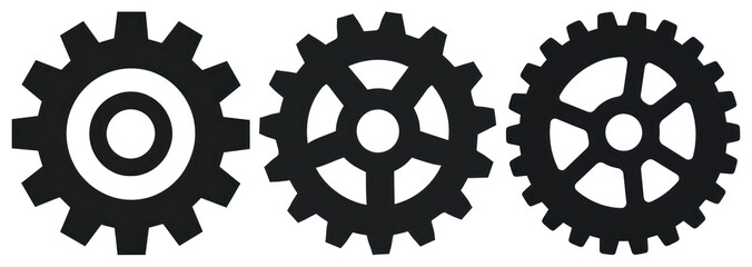 PNG Three black mechanical gears aligned, element set on transparent background