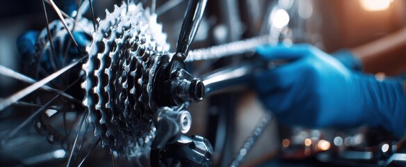 The Bicycle Gear Cassette Being Adjusted by a Mechanic in Blue Gloves