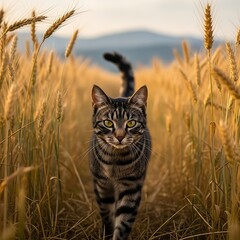 Tabby cat walking through golden wheat field at sunset