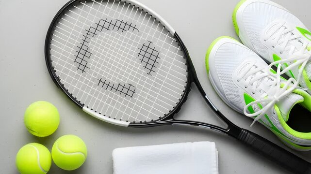 Tennis equipment: racket, ball, shoe, and towel.