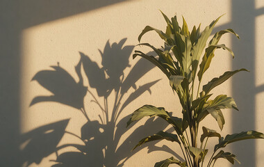 Warm golden light illuminates a lush indoor plant, casting a dramatic, elongated shadow on a textured neutral wall, creating a serene and minimalist home environment
