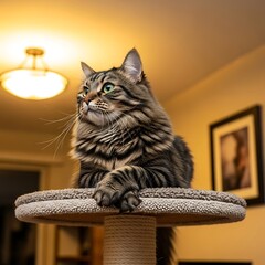 Tabby cat with green eyes resting on a cat tree domestic cat