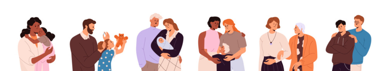 Happy relationships in diverse families set. Parents love their kids. Mother, father and children hug together. Mom and dad with newborn baby. Flat isolated vector illustrations on white background.