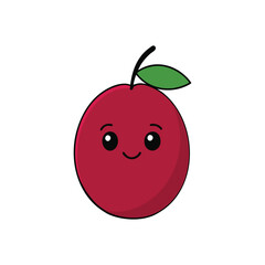 Red Plum With Confident Smile And Green Leaf Illustration