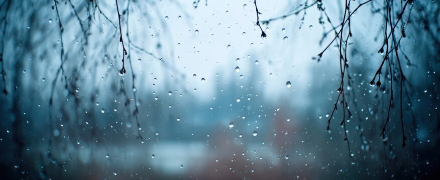 The Raindrops on a Window with Bare Branches and Moody Blue Background - Powered by Adobe