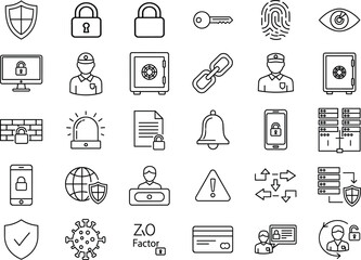 Security icon set, black-and-white line style, shields, padlocks, fingerprint, malware, login access, 2FA, safe storage, merch-ready