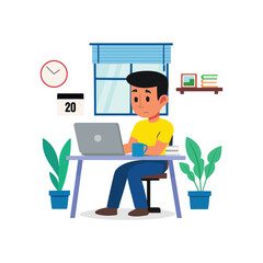 Work From Home Illustration — Remote Worker at Desk with Laptop