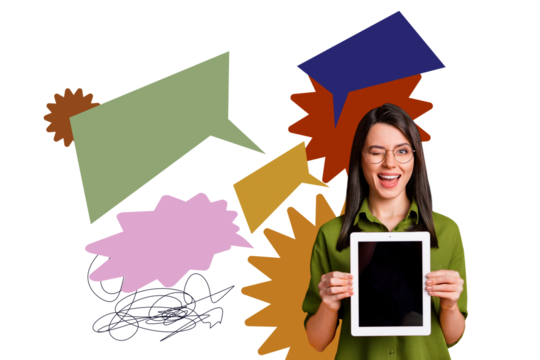 Composite trend artwork sketch image photo collage of speech cloud chatting message sms social media young lady hand hold tablet student