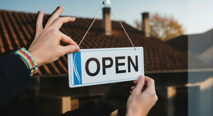 Person hanging open sign on shop window