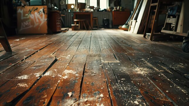Dusty wooden floor in a rustic workshop with creative clutter, capturing the essence of artistic endeavor and hard work.