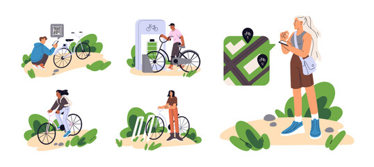 People rent bicycles by sharing service in phone set. Characters take rental bikes to cycling. Cyclists scan QR code, ride, parking transport to charge. Flat isolated vector illustrations on white.