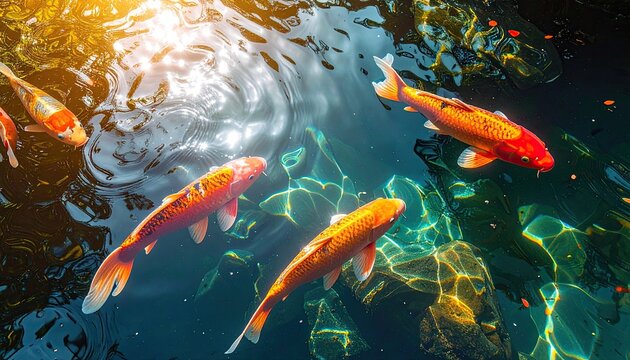 Koi Fish Swimming in Pond with Ripples and Reflections Under Sunlight Digital Art Pixelated Style with Orange and Red Details