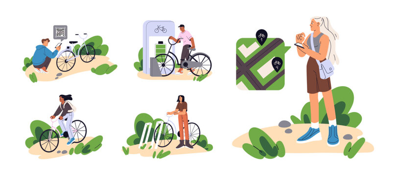 Fototapeta People rent bicycles by sharing service in phone set. Characters take rental bikes to cycling. Cyclists scan QR code, ride, parking transport to charge. Flat isolated vector illustrations on white.