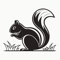 Obraz premium Simple dark squirrel holds nut on grass in silhouette over white background