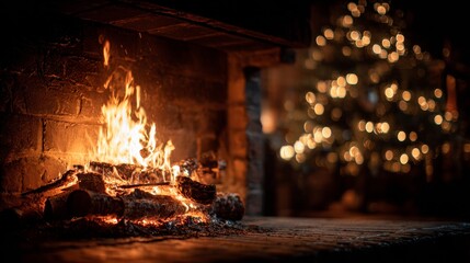 Obraz premium lit fireplace next to a Christmas tree