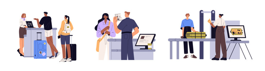 Border control set. Passengers are at check in counter, baggage and passport checkpoint. Customs safety guard inspects luggage of travelling tourists. Flat isolated vector illustrations on white.